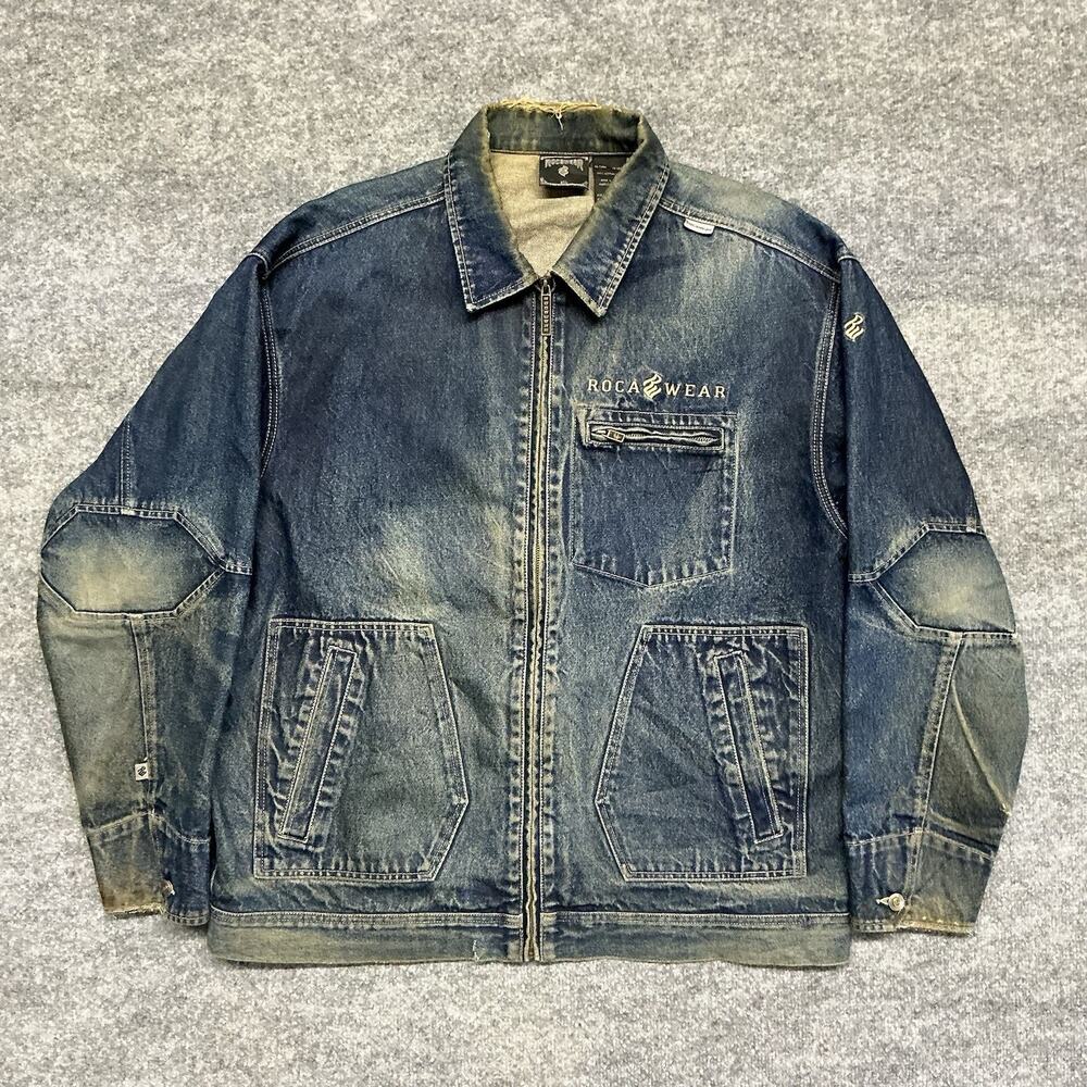 Y2K 2000s Rocawear Honeycomb Fade Embroidered Logo Denim Jacket Men’s 2XL